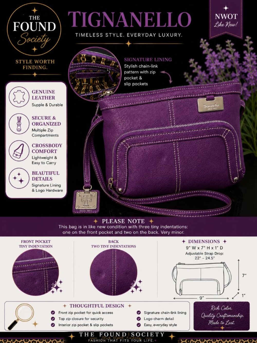Tignanello Purple Genuine Leather Crossbody NWOT Organizer Bag